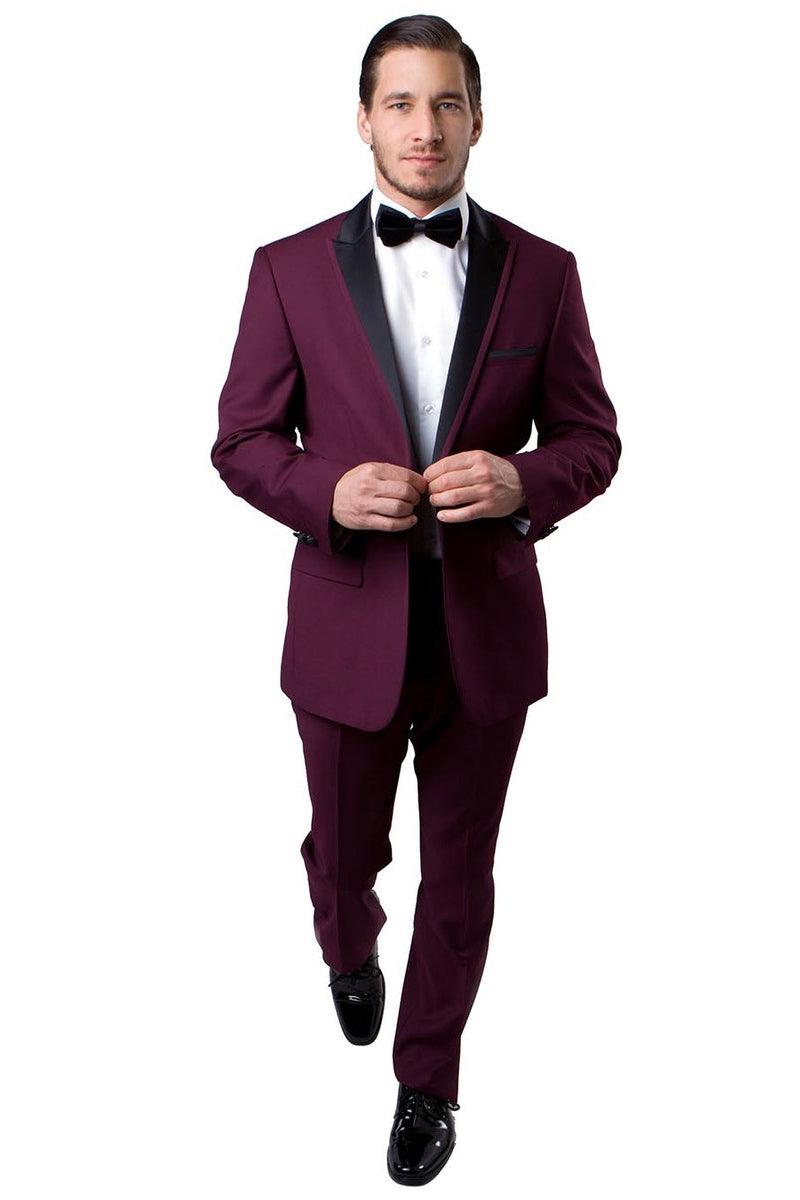 Mens Burgundy Slim Fit Tux with Satin Trim Peak Lapel - Bryan Michaels - Elegant Mensattire