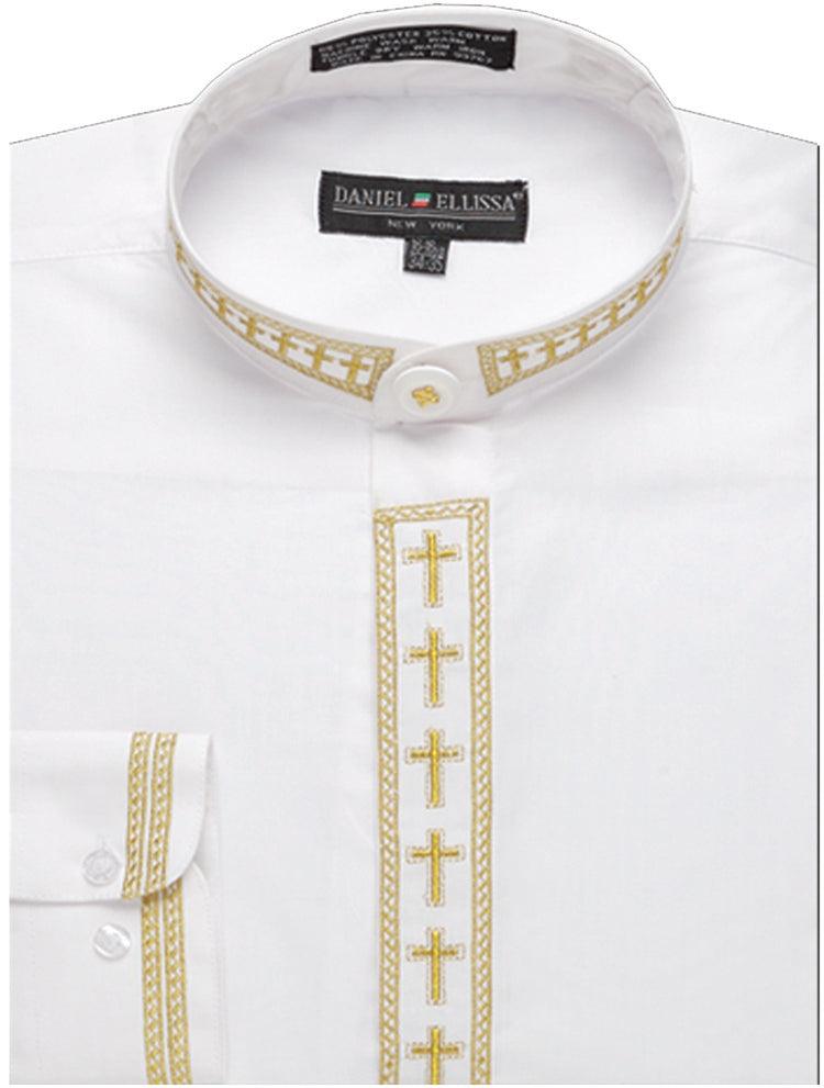 Mens' Embroidered Banded Collar Dress Shirt - Daniel Ellissa White & Gold - Elegant Mensattire