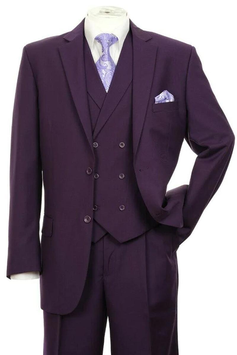 “Mens Purple 2-Btn Pleated Pant Suit w/ Double Breasted Vest: Fortino Landi" - Elegant Mensattire