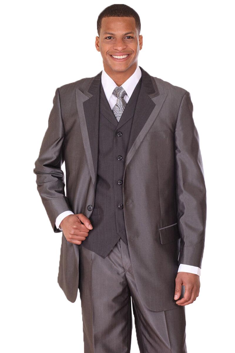 Mens Sharp Wide Peak Lapel Sharkskin 3-Button Vested Suit, Black - Fortino Landi - Elegant Mensattire