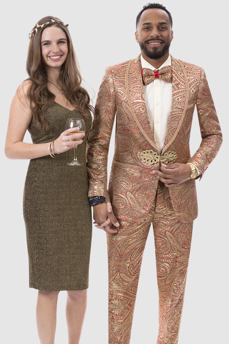 "Mens Slim-Fit Burgundy Paisley Tuxedo w/ Gold Trim by EJ Samuel" - Elegant Mensattire