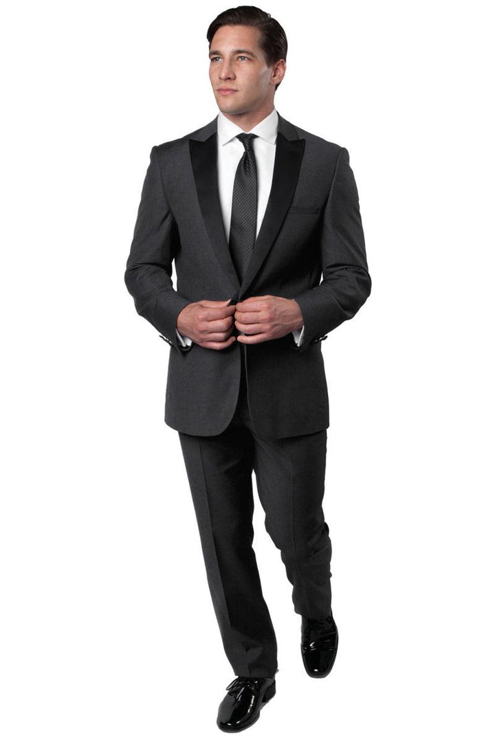 Mens Slim-Fit Charcoal Grey Bryan Michaels Wedding Tuxedo with One Button Peak Lapel - Elegant Mensattire