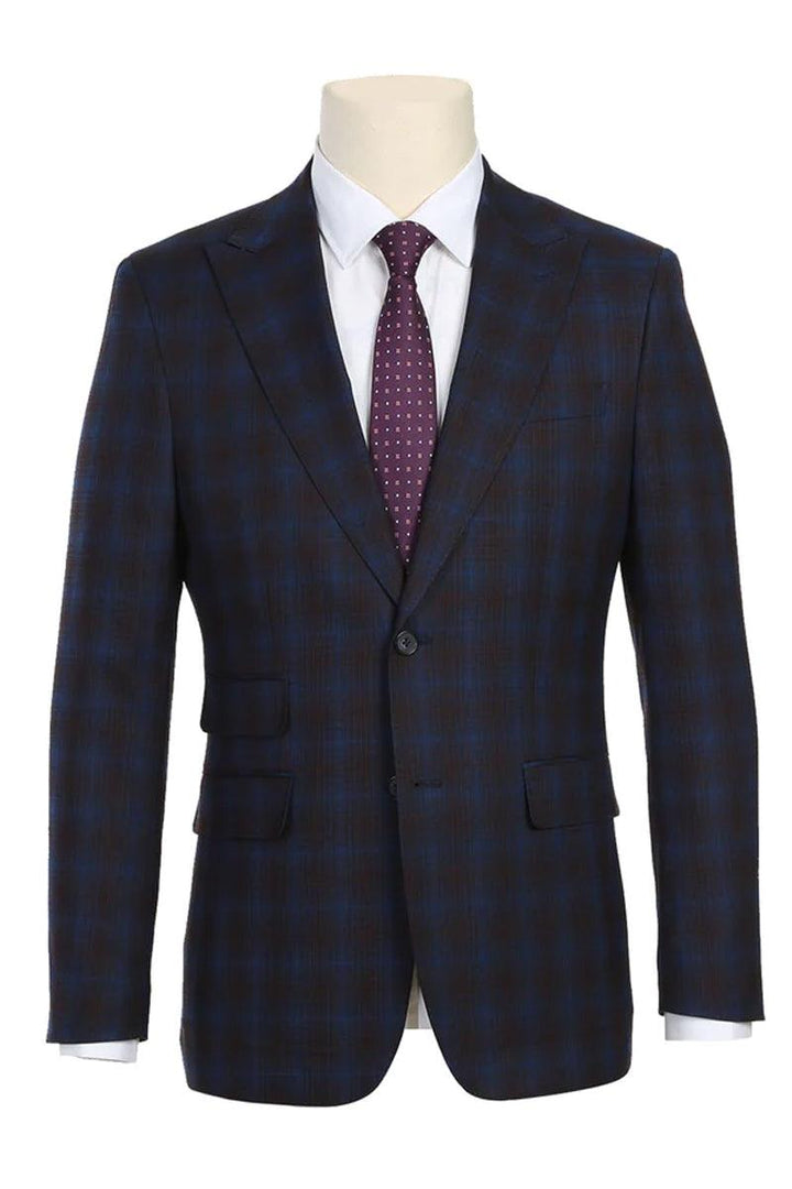 Mens Slim Fit Suit by English Laundry: Navy & Burgundy Windowpane Plaid - Elegant Mensattire