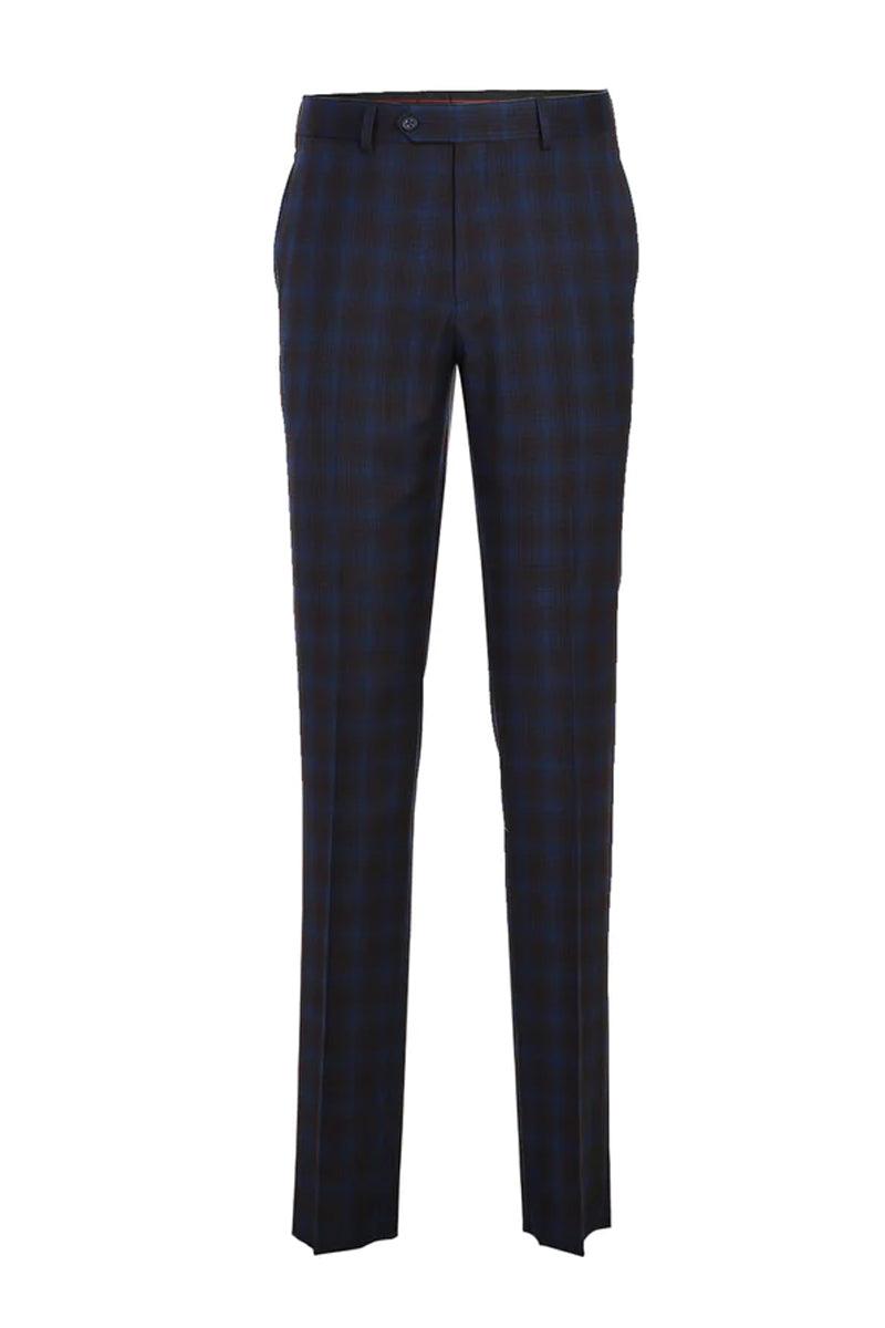 Mens Slim Fit Suit by English Laundry: Navy & Burgundy Windowpane Plaid - Elegant Mensattire