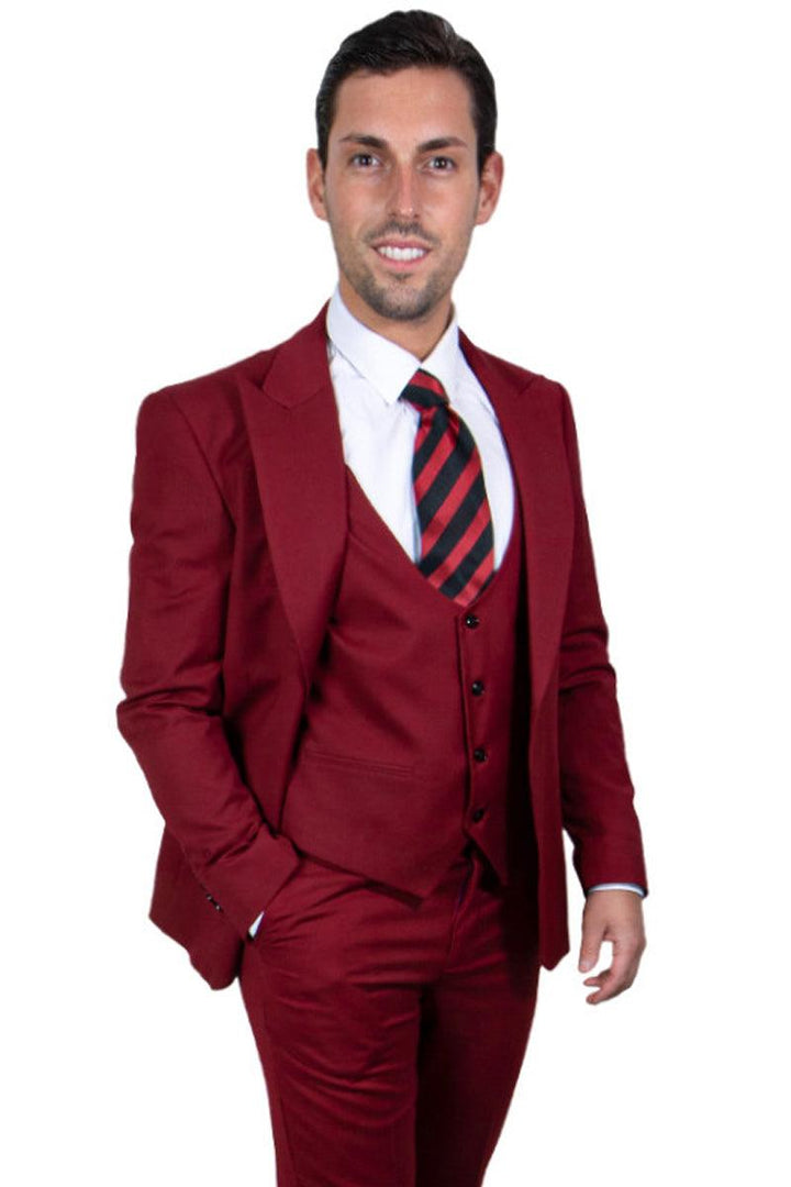 "Mens Stacy Adams Cherry Red Vested Suit w/ Peak Lapel & One Button" - Elegant Mensattire