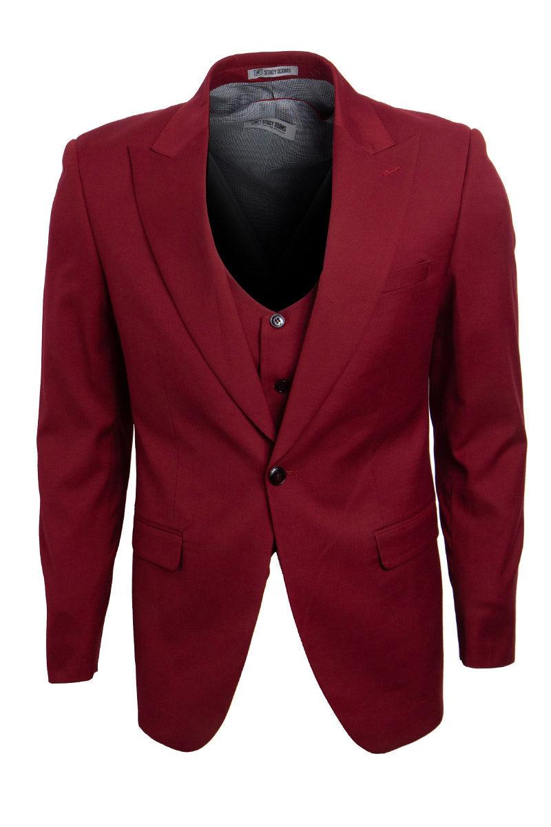 "Mens Stacy Adams Cherry Red Vested Suit w/ Peak Lapel & One Button" - Elegant Mensattire