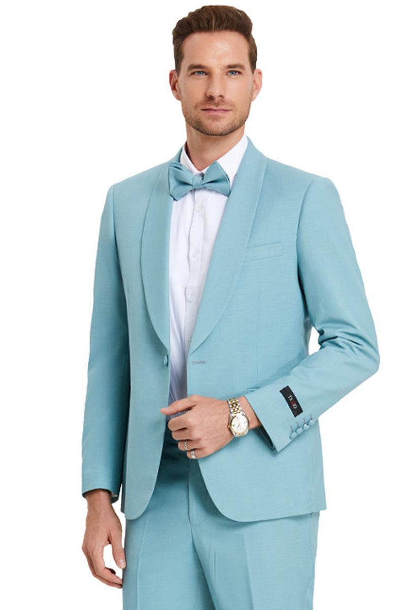 Mens Tazio Aqua Blue Shawl Lapel Dinner Suit- Stylish Wedding Jacket - Elegant Mensattire