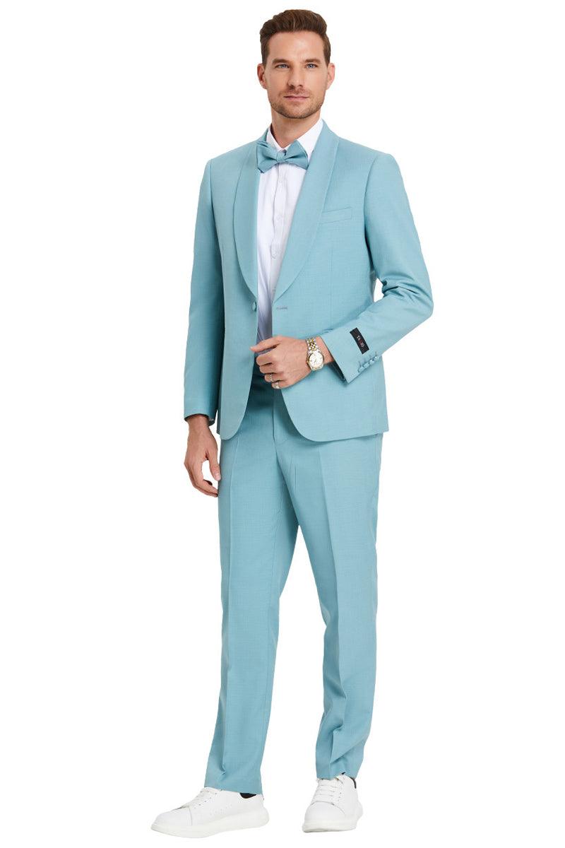 Mens Tazio Aqua Blue Shawl Lapel Dinner Suit- Stylish Wedding Jacket - Elegant Mensattire