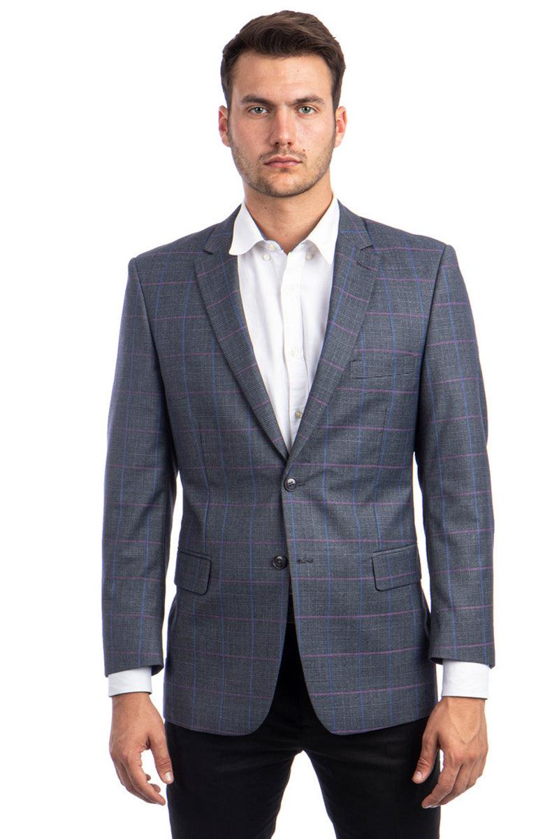 Mens Tazio Charcoal Grey 2-Button Reg Fit Sport Coat - Stylish Blue & Pink Windowpane Plaid - Elegant Mensattire