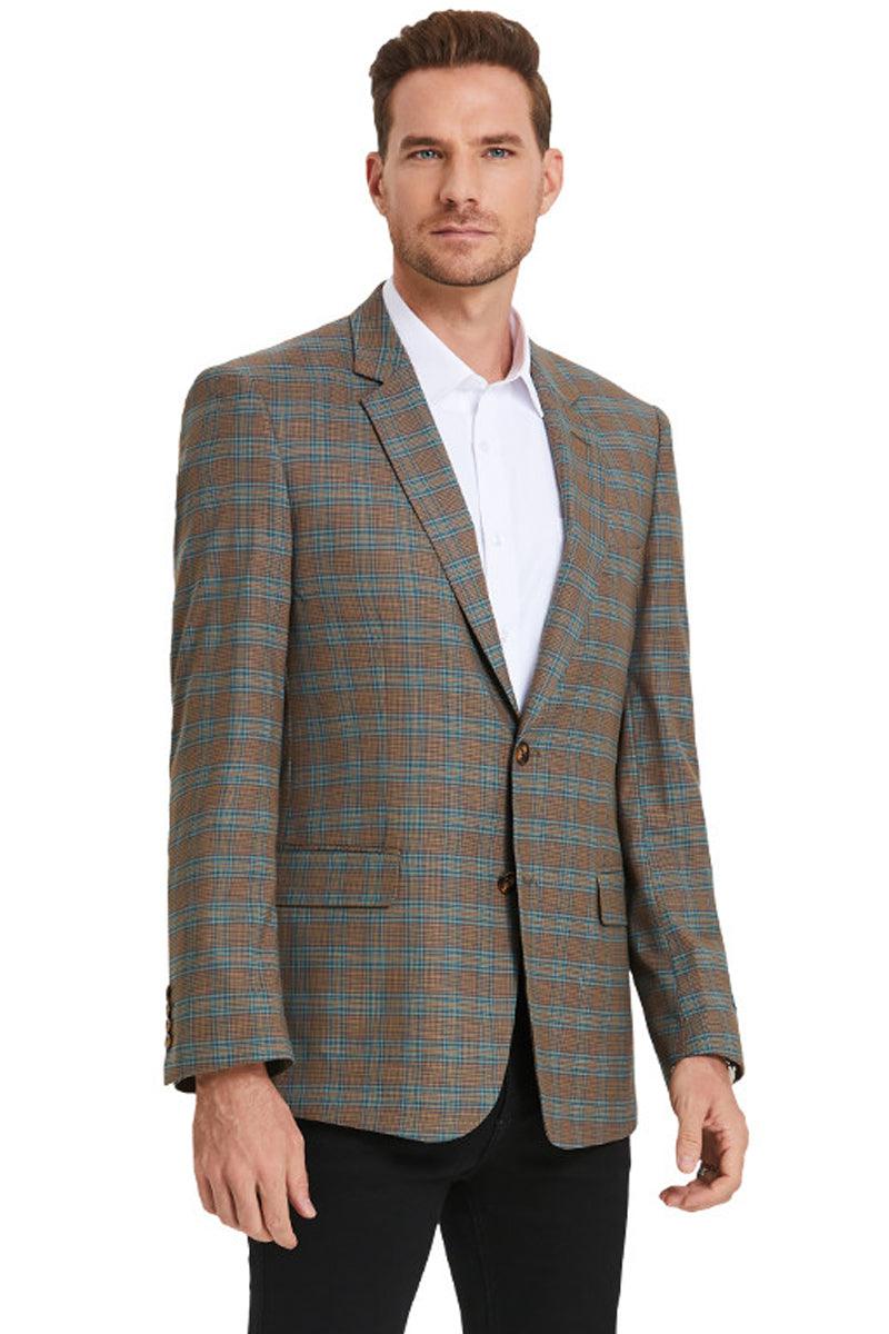 Mens Tazio Dark Camel Bronze & Teal Two-Button Sport Coat: Business-Casual Double Windowpane - Elegant Mensattire