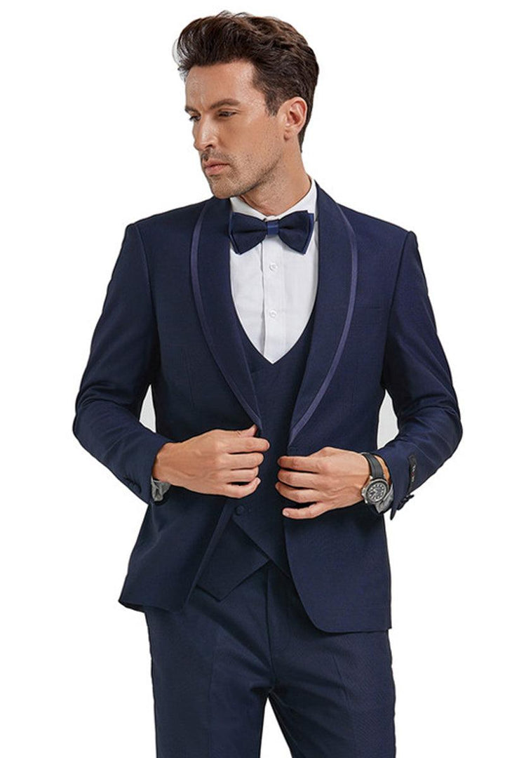 Mens Tazio Navy Blue Shawl Tuxedo w/ Blue Satin Trim - 50-70 Chars - Elegant Mensattire