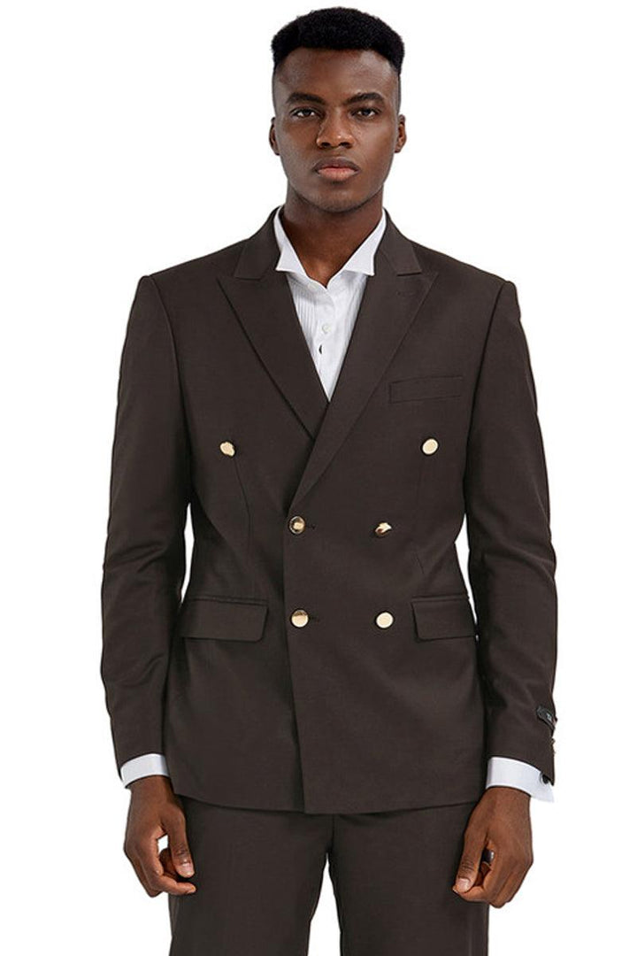 Mens Tazio Slim-Fit Brown Double-Breasted Wedding Suit w/Gold Buttons - Elegant Mensattire