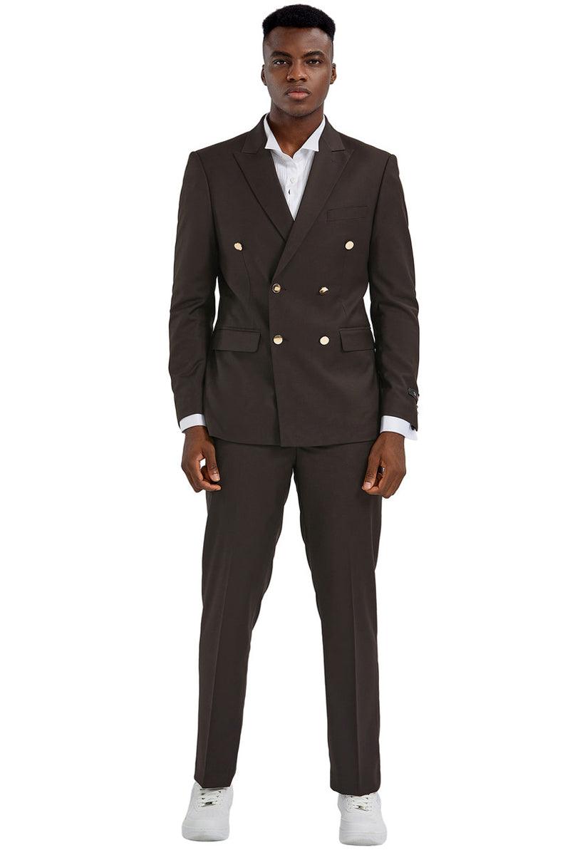 Mens Tazio Slim-Fit Brown Double-Breasted Wedding Suit w/Gold Buttons - Elegant Mensattire