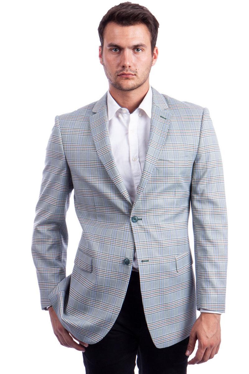 Mens Tazio Sport Coat - Blue & Tan Windowpane Plaid - Regular Fit 2Btn - Elegant Mensattire