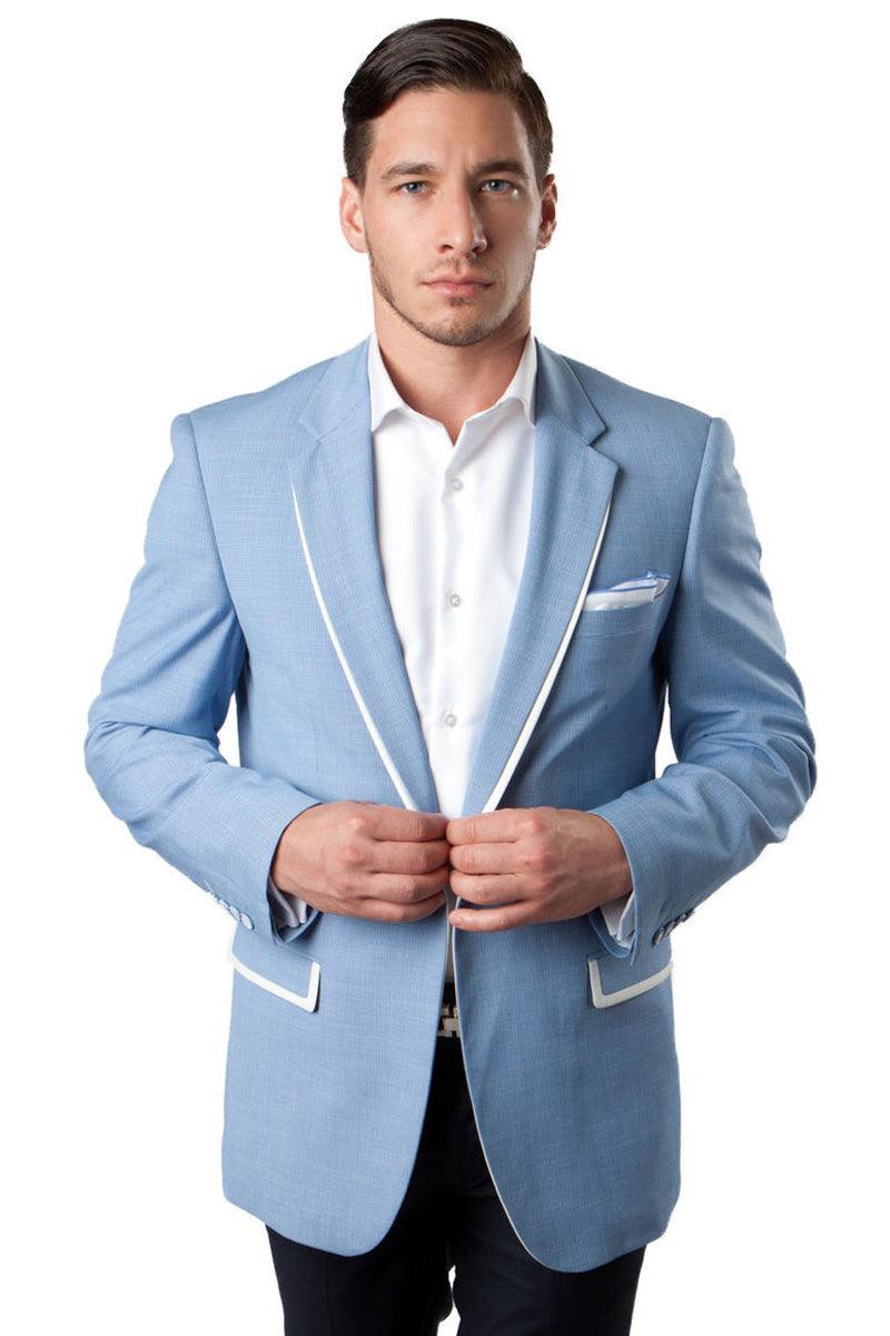 Mens Tazio Summer Blazer: Sky Blue & White Trim, 1-Button - Elegant Mensattire