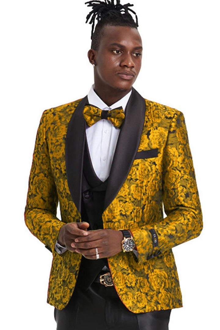 Menswear 

"Tazio Men's Luxe Gold One-Button Paisley Vested Tuxedo: Slim Fit & Shiny." - Elegant Mensattire