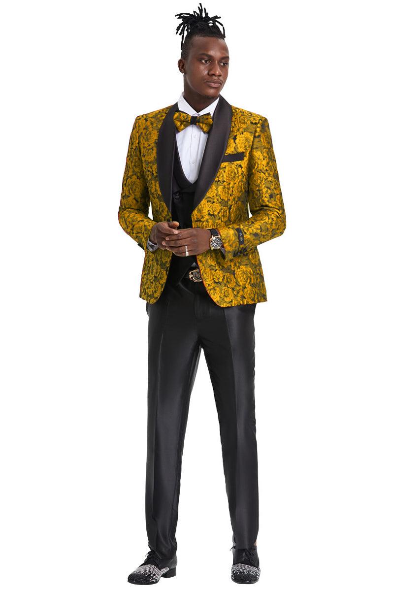 Menswear 

"Tazio Men's Luxe Gold One-Button Paisley Vested Tuxedo: Slim Fit & Shiny." - Elegant Mensattire