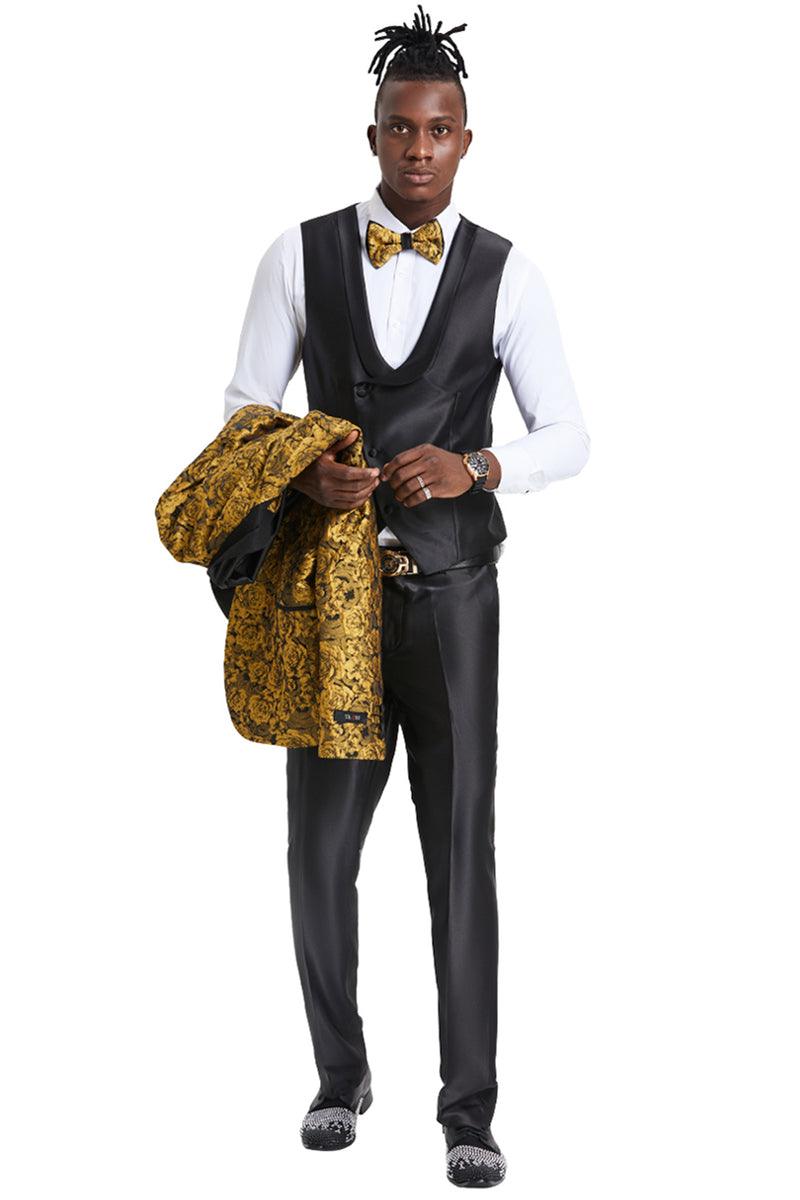 Menswear 

"Tazio Men's Luxe Gold One-Button Paisley Vested Tuxedo: Slim Fit & Shiny." - Elegant Mensattire