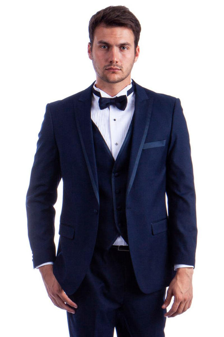 Milano

Men's Navy Blue One-Button Tuxedo w/ Satin Trim by Azzuro Milano - Elegant Mensattire