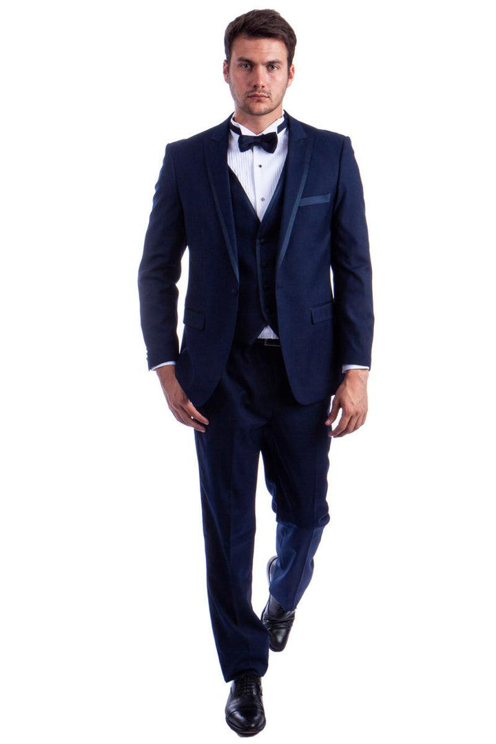 Milano

Men's Navy Blue One-Button Tuxedo w/ Satin Trim by Azzuro Milano - Elegant Mensattire