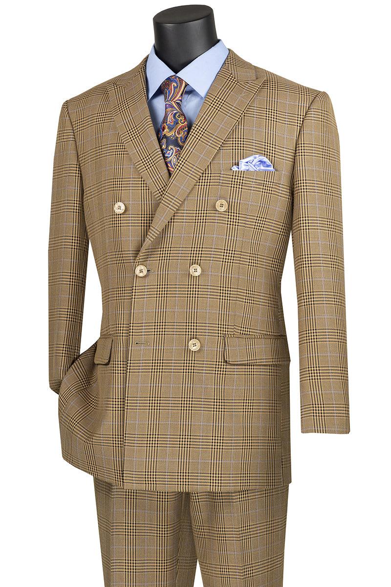 "Mocha Light Brown Men's Double-Breasted Windowpane Plaid Suit by Vinci" - Elegant Mensattire