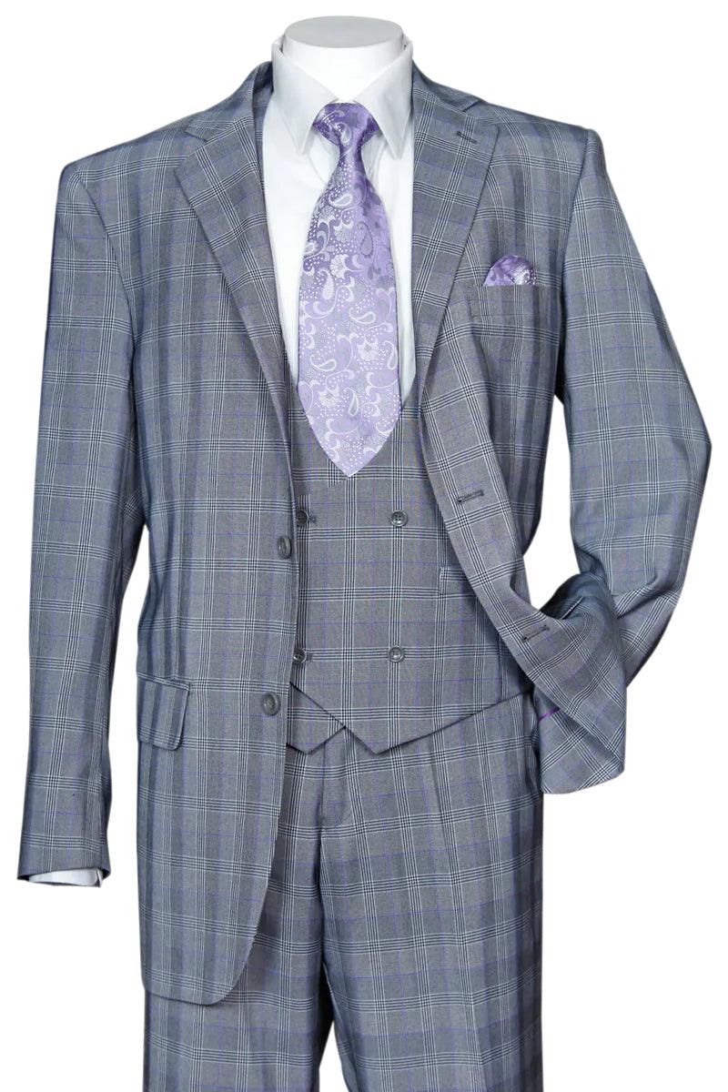 Modern Fit Grey Plaid Windowpane Suit with Double Breasted Scoop Vest by Fortino Landi - Elegant Mensattire