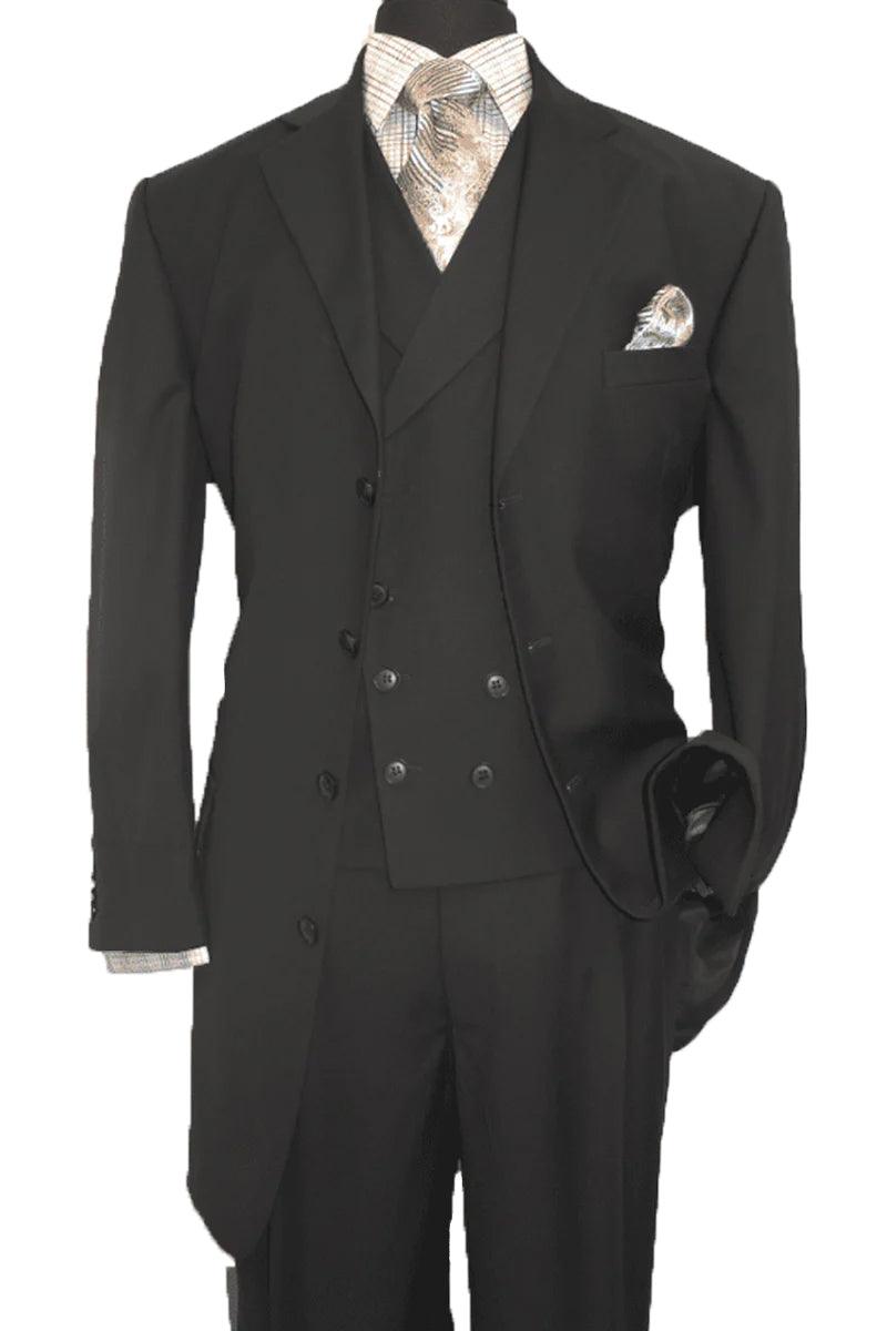 Modern Men's Black Suit: Fortino Landi 4 Button with Double Breasted Vest - Elegant Mensattire