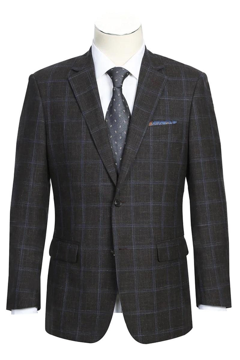 Modern Style Two Button Wool & Linen Brown Windowpane Blazer by Renoir - Elegant Mensattire