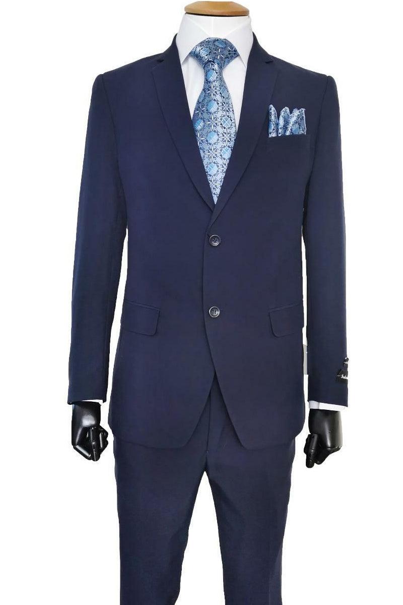 "Navy 'Classic Fit' Fortino Landi Mens Suit: Durable Poplin 2-Btn Design" - Elegant Mensattire