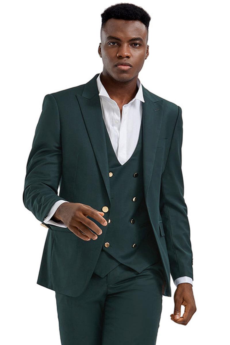New Men's Tazio Hunter Green Vested Suit with Gold Buttons & Peak Lapel - Elegant Mensattire