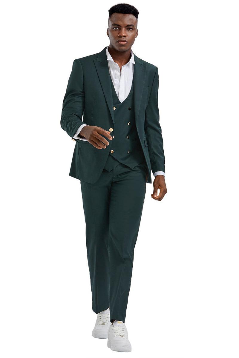 New Men's Tazio Hunter Green Vested Suit with Gold Buttons & Peak Lapel - Elegant Mensattire