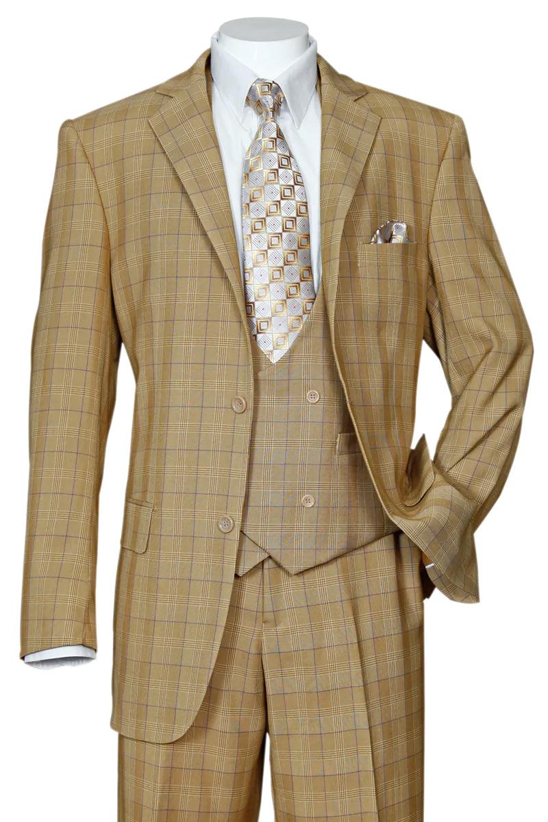 NEW TITLE: Fortino Landi Mens Tan Plaid Double-Breasted Windowpane Suit w/Scoop Vest - Elegant Mensattire