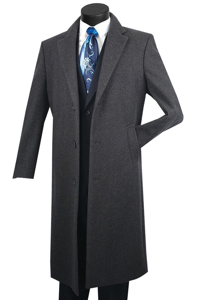 New Title: Vinci Men's Wool & Cashmere Charcoal Grey Full Length Overcoat - Elegant Mensattire