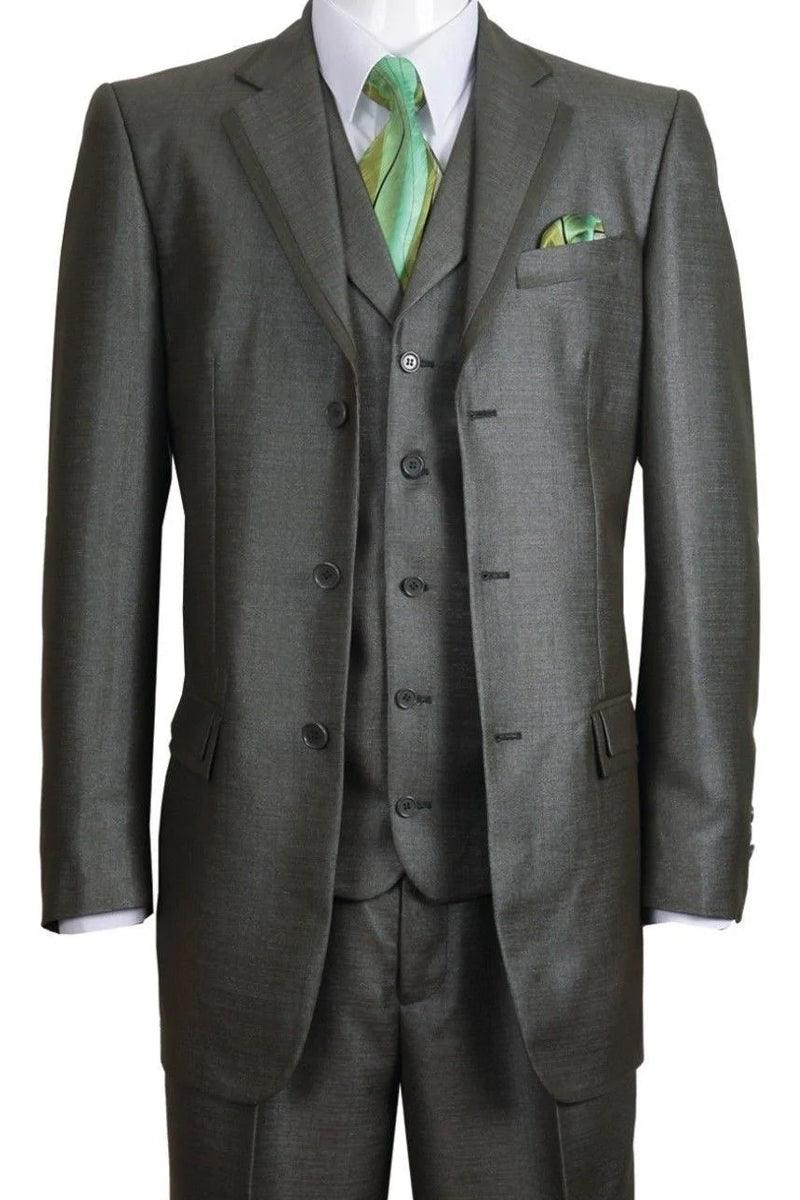 "Olive Green Fortino Landi Sharkskin 3-Button Vested Church Suit" - Elegant Mensattire