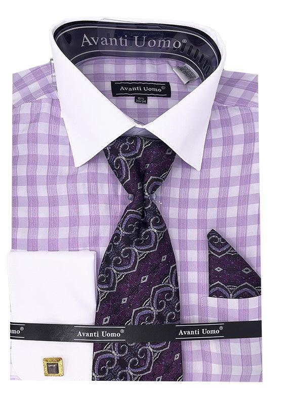 Optimized Title: Daniel Ellissa Men's Lilac Checkered Plaid Dress Shirt w/ Contrast French Cuffs - Elegant Mensattire