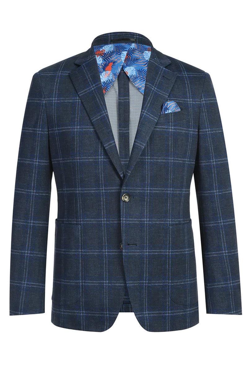 Pelago Blazer: Men's Navy Windowpane Slim Cotton Patch Pockets - Elegant Mensattire