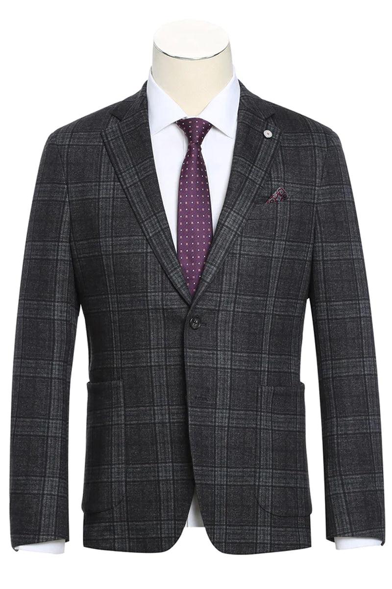 "Pelago Grey-Black Windowpane Plaid Blazer: Slim-Fit, Half-Canvas, Cotton Summer Style" - Elegant Mensattire