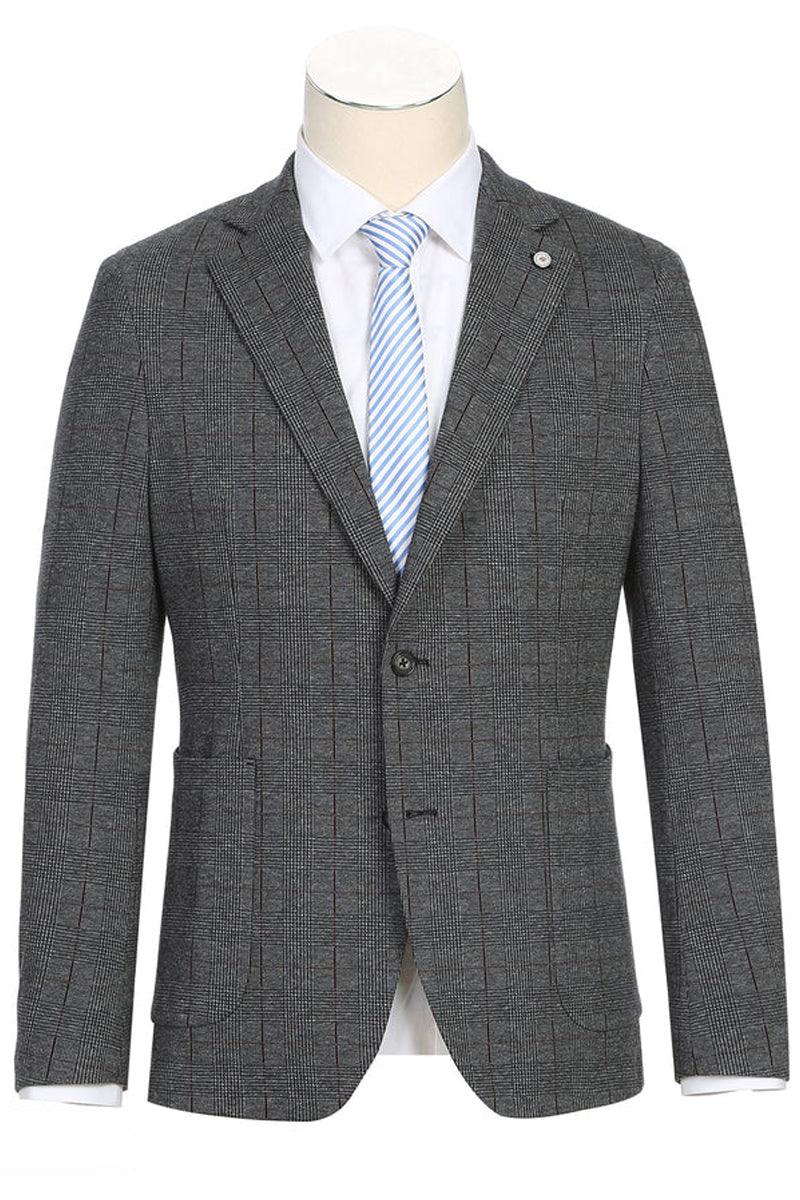 Pelago Men's Charcoal Grey Summer Blazer in Windowpane Plaid - Slim Fit, Half Canvas Patch Pocket - Elegant Mensattire