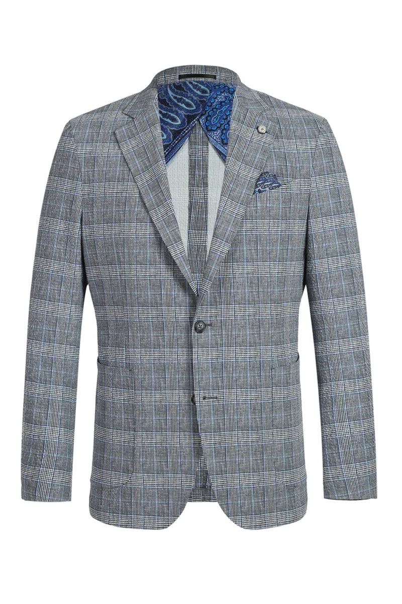 Pelago Men's Grey & Blue Windowpane Slim Fit Blazer — Summer Style - Elegant Mensattire