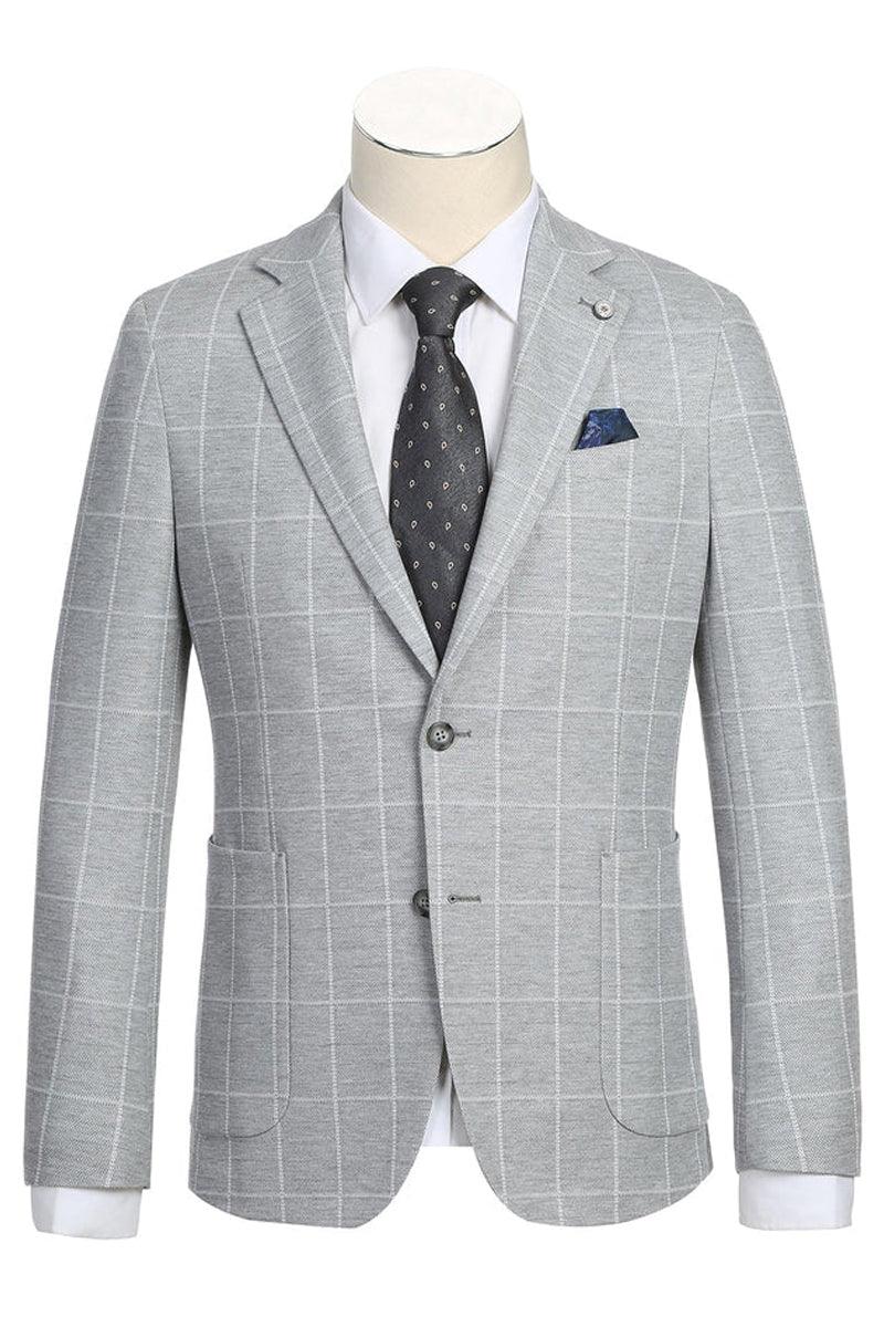 "Pelago Men's Half Canvas Light Grey & White Windowpane Plaid Sport Coat Blazer" - Elegant Mensattire