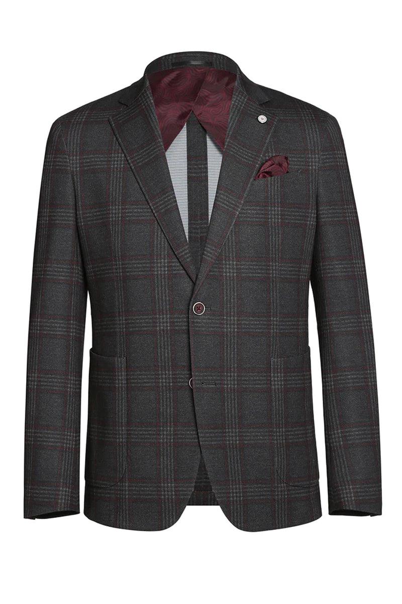 Pelago Men's Slim Charcoal Gray Windowpane Plaid Sports Coat Blazer - Elegant Mensattire