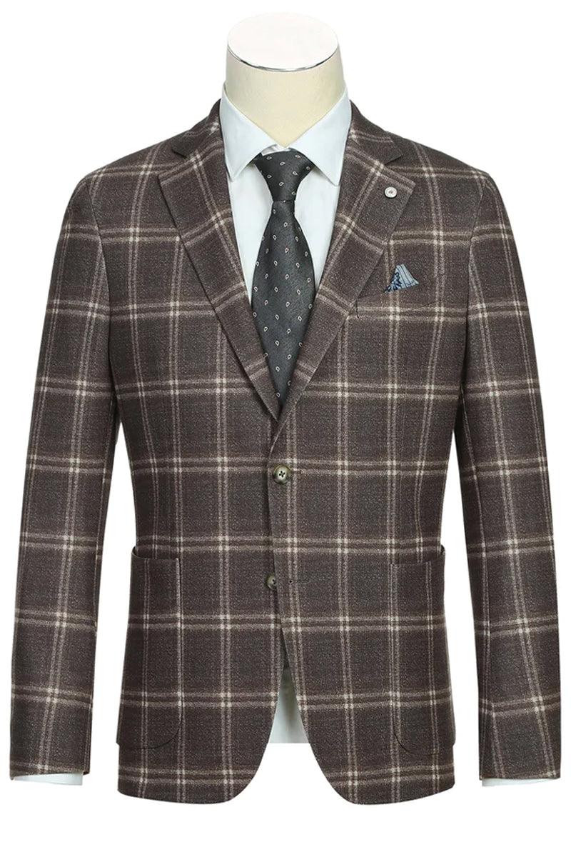 Pelago Men's Slim Cotton Blazer in Brown Windowpane Plaid - Half Canvas, Patch Pockets - Elegant Mensattire