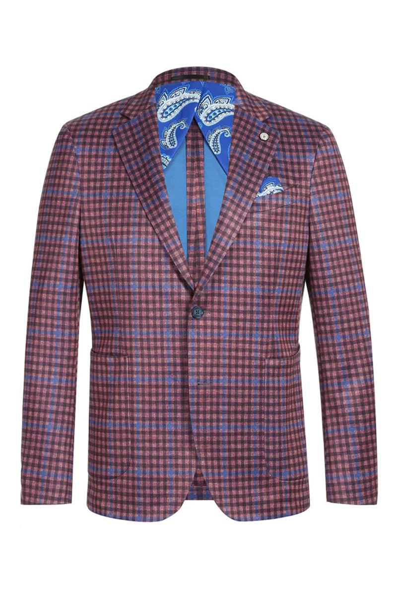 Pelago Men's Slim Fit Blazer - Burgundy & Blue Windowpane Plaid - Elegant Mensattire