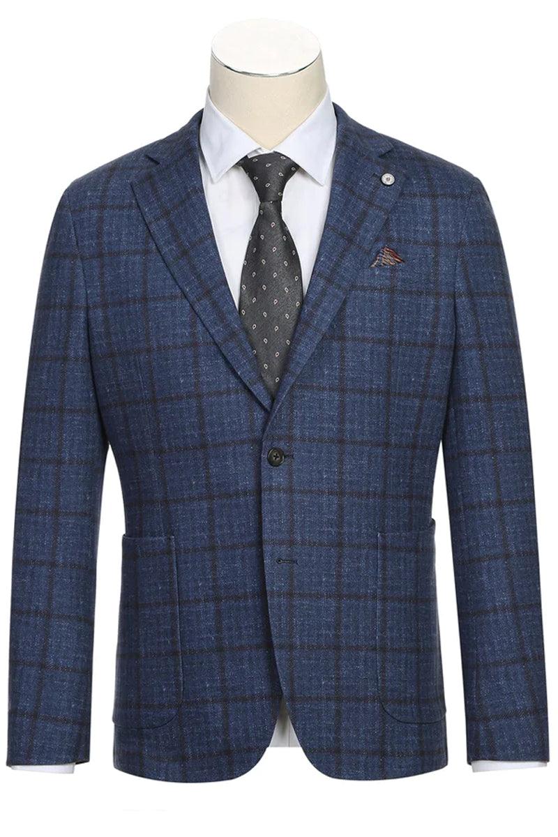 Pelago Navy Blazer: Mens Slim-Fit Windowpane Plaid Half-Canvas Cotton Jacket - Elegant Mensattire