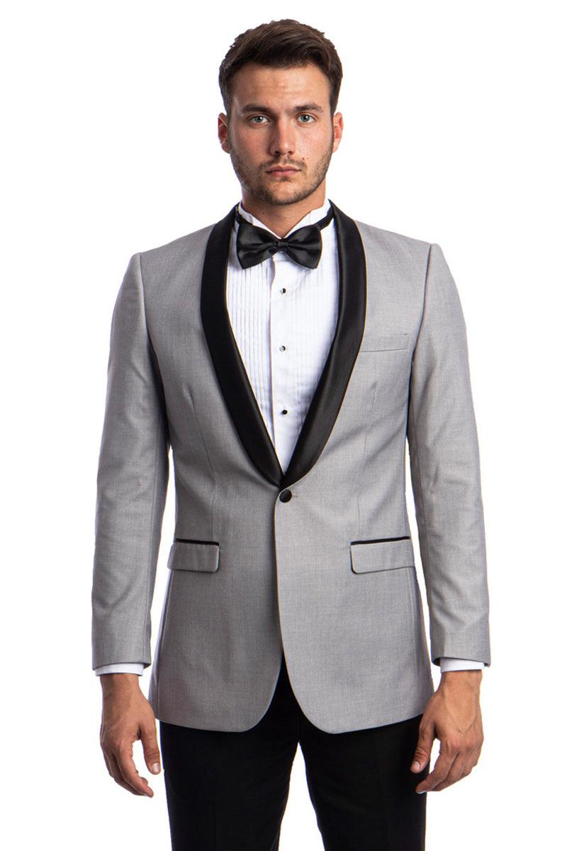 Perfected Product Title: Tazio Men's Grey & Black One-Button Shawl Lapel Dinner Jacket - Elegant Mensattire