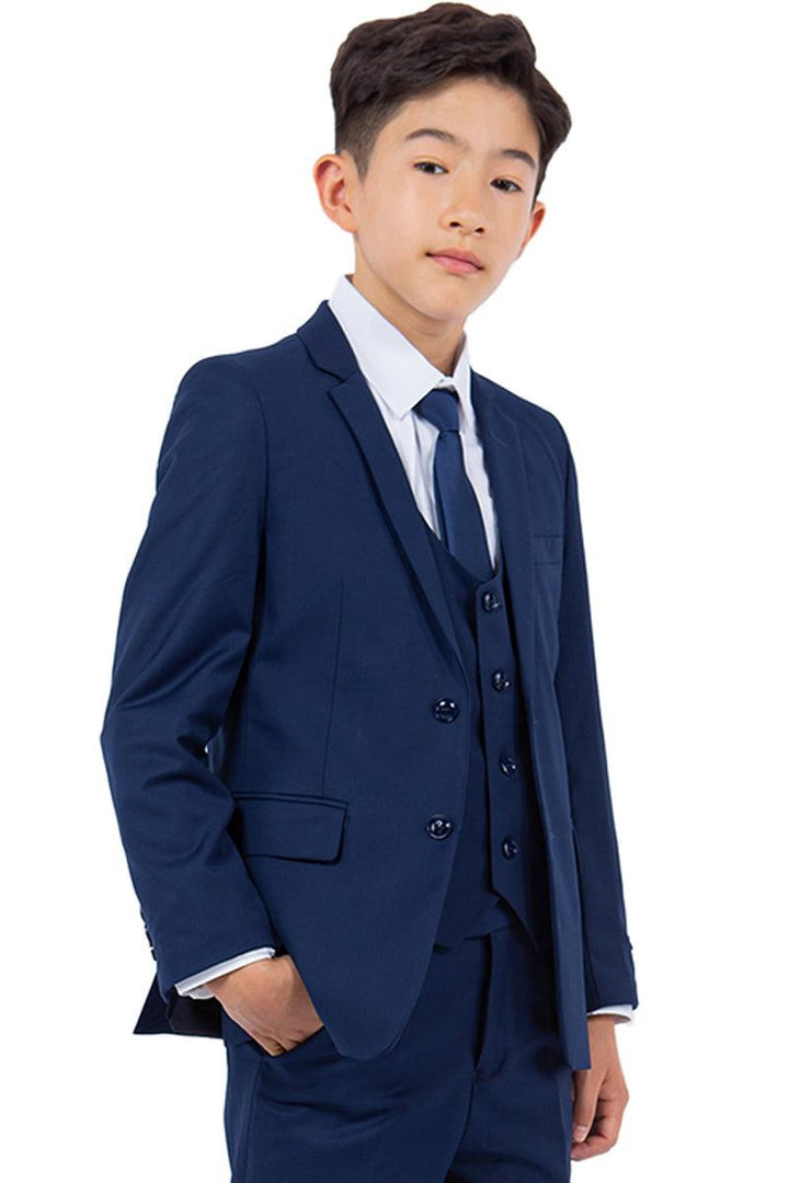 Plush Perry Ellis Cobalt Blue Boys' Vested Wedding Suit - Elegant Mensattire