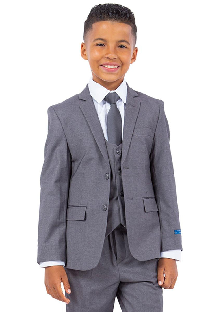 Polished product title: Perry Ellis Vested Boy's Wedding Suit, Medium Grey - Elegant Mensattire