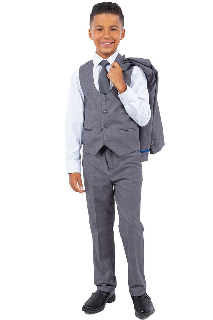 Polished product title: Perry Ellis Vested Boy's Wedding Suit, Medium Grey - Elegant Mensattire