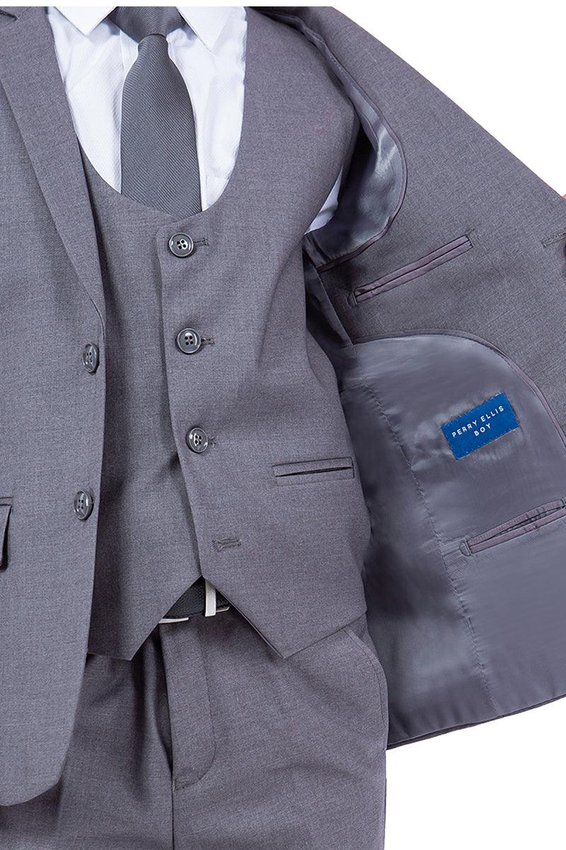 Polished product title: Perry Ellis Vested Boy's Wedding Suit, Medium Grey - Elegant Mensattire