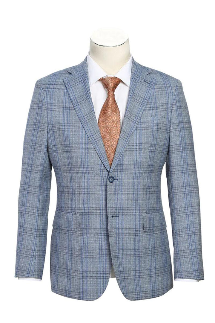 Premium 2-Btn Light Grey Wool Suit w/ Blue Windowpane Plaid & Notch Lapel – English Laundry - Elegant Mensattire